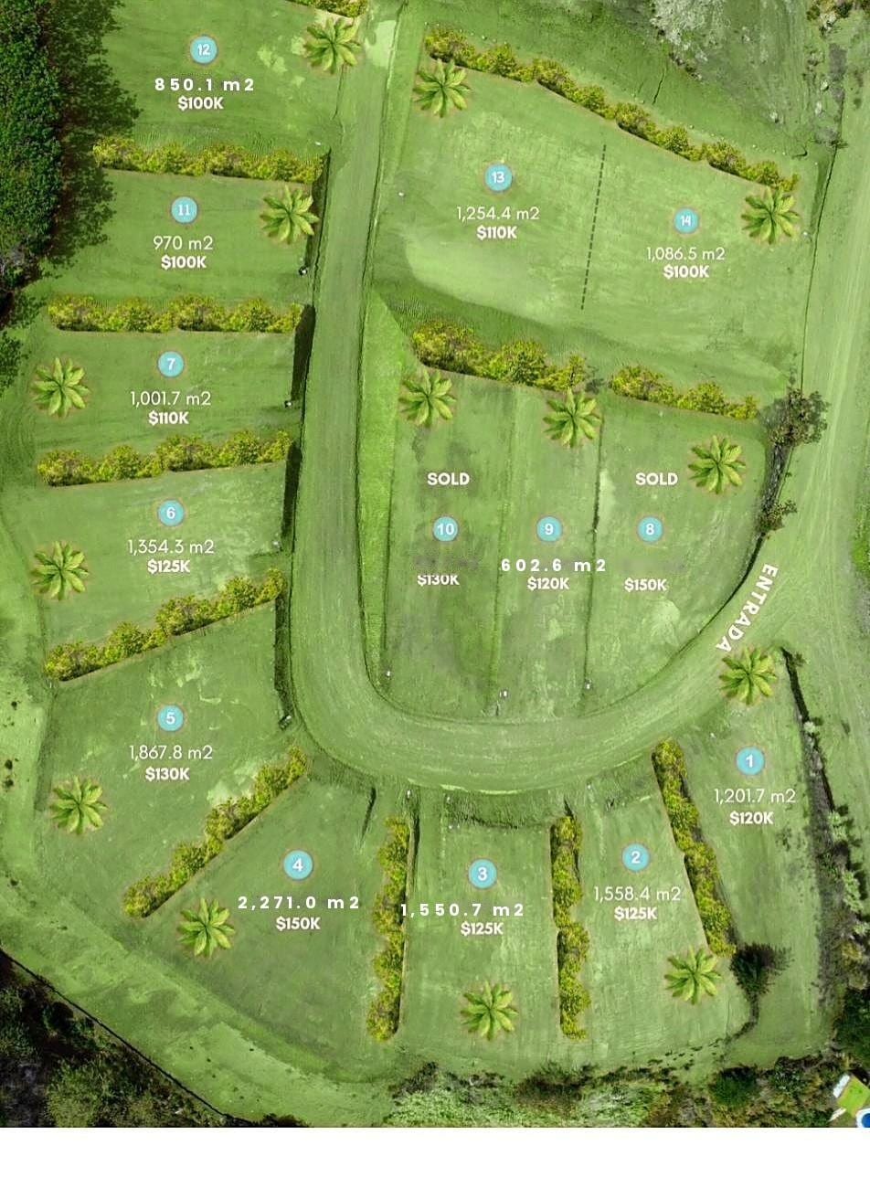 Annotated aerial plan of all 14 lots with areas and prices marked