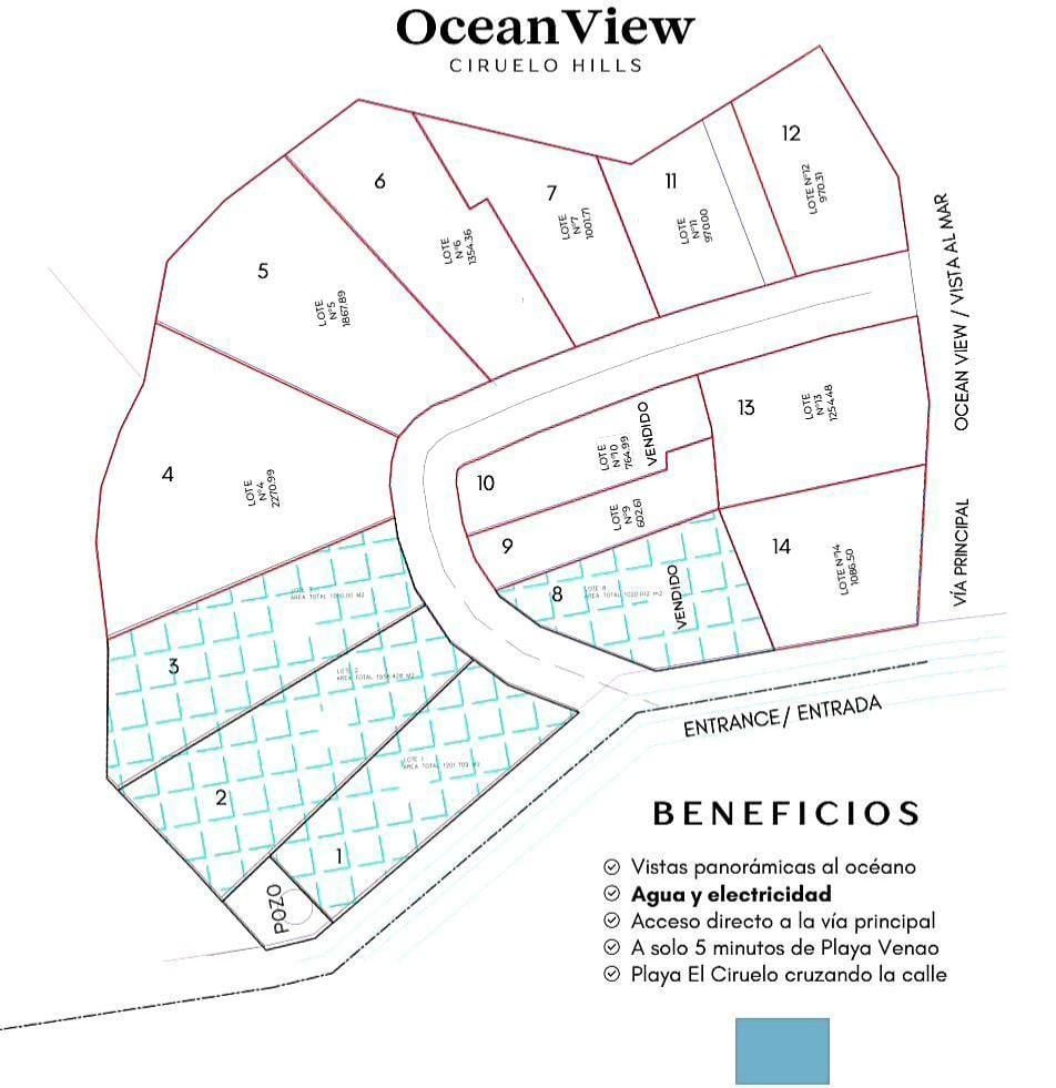 Site plan of OceanView Ciruelo Hills showing all 14 lots, the entrance, the well, and the main road frontage